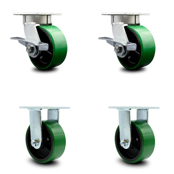 5 Inch Kingpinless Green Poly on Steel Wheel Caster Brakes 2 Rigid SCC, 2PK